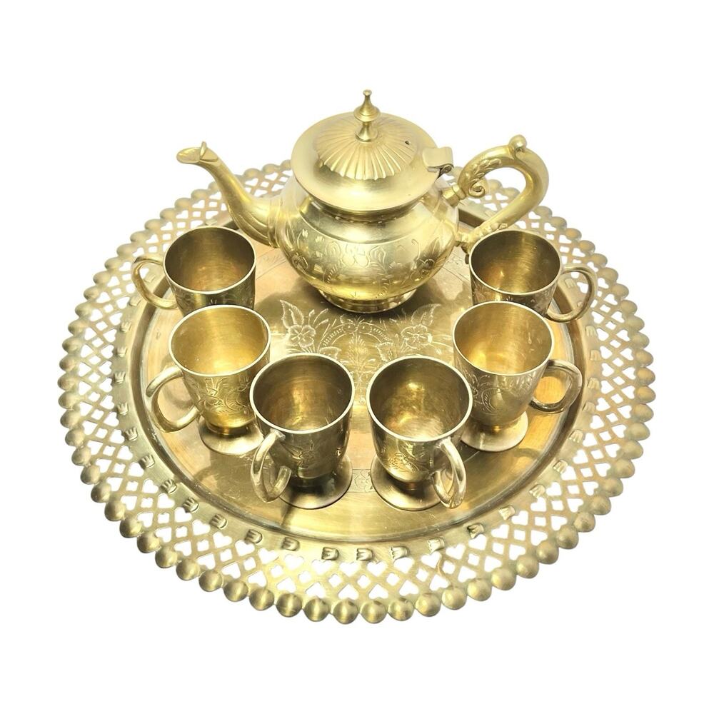 Vintage Indian-made Arabian Moroccan-style 8-Piece Solid Brass Coffee or Tea Set